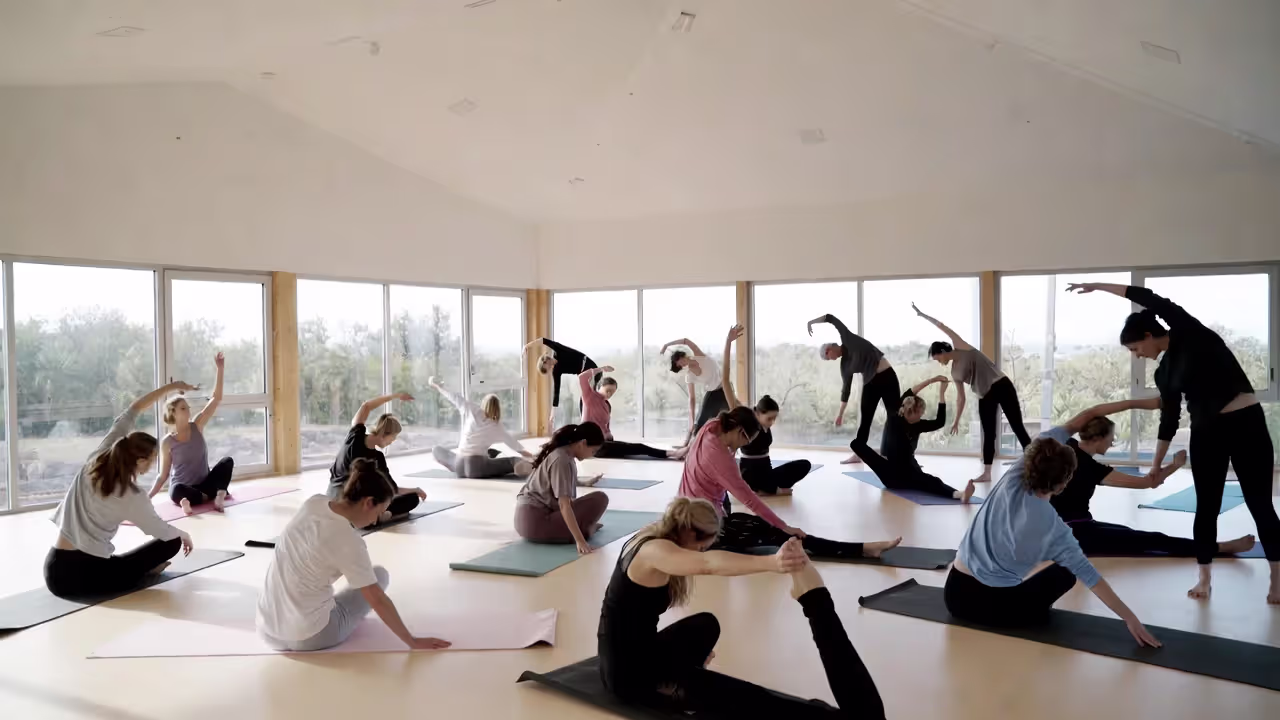 Participants stretching during yoga session in bright retreat studio with instructor guidance
