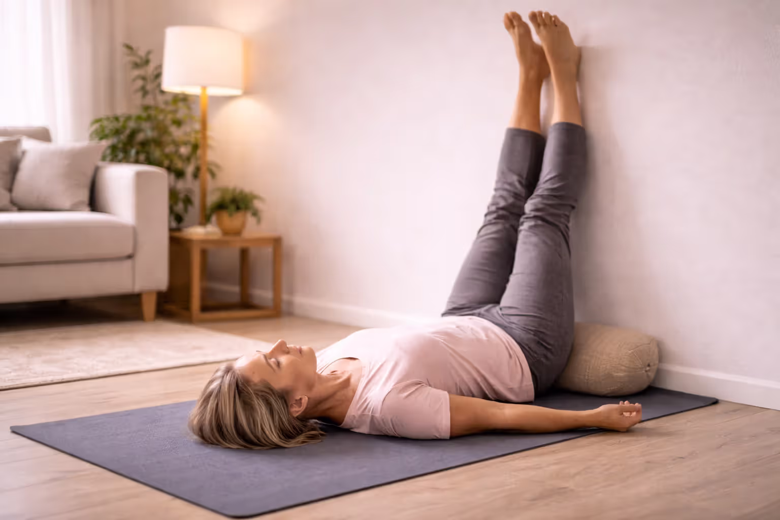 Person practicing Legs-Up-the-Wall pose at home for relaxation