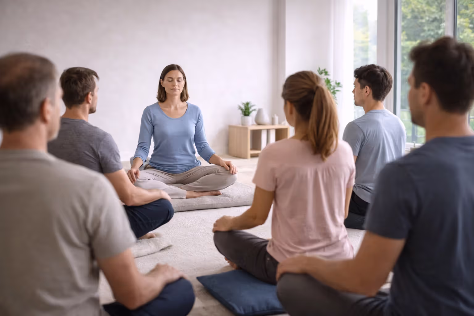 Meditation instructor leading a small group session in a bright, neutral studio