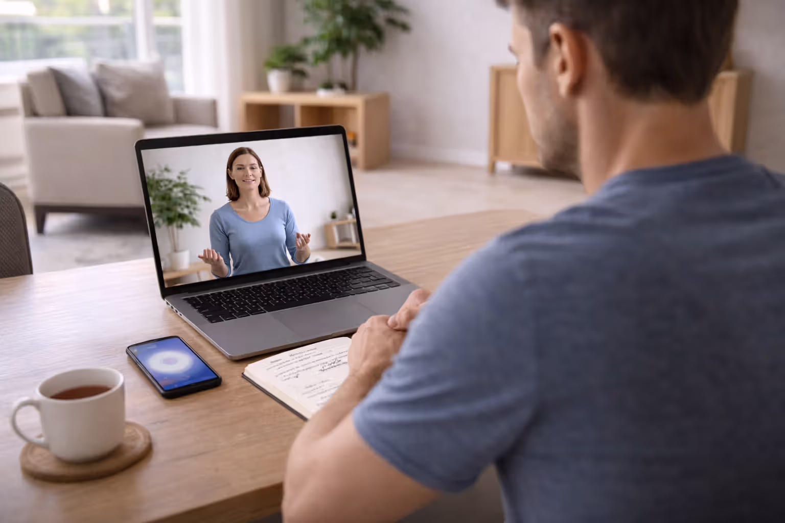 Person attending an online meditation session on a laptop while using a meditation app on a smartphone at home