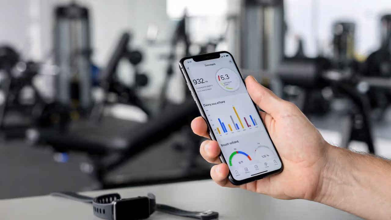Close-up of a smartphone displaying a fitness app dashboard with graphs and a wearable device nearby.