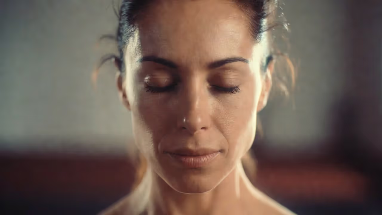 Close-up of a person with eyes closed during yoga or meditation in soft natural light