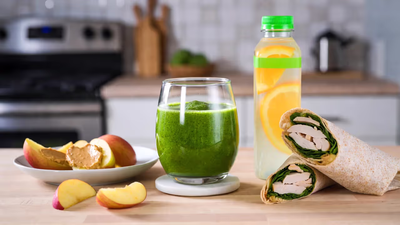 Protein smoothie, apple with peanut butter, coconut water, and wrap as post-yoga recovery snacks.