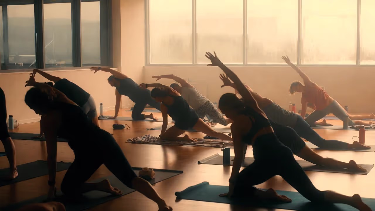 Group practicing hot yoga in a heated studio with towels and water bottles.