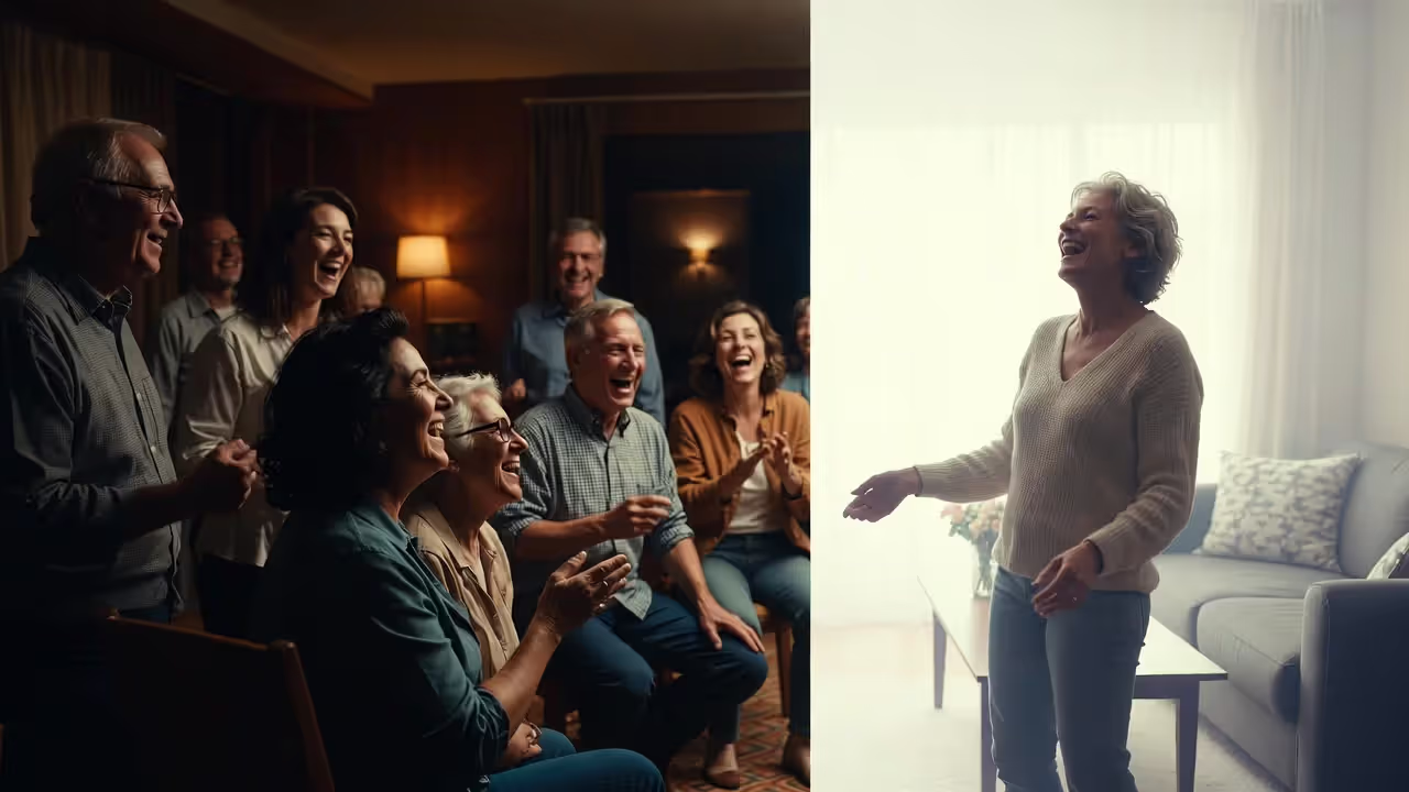 Comparison of group laughter session and solo laughter practice at home.