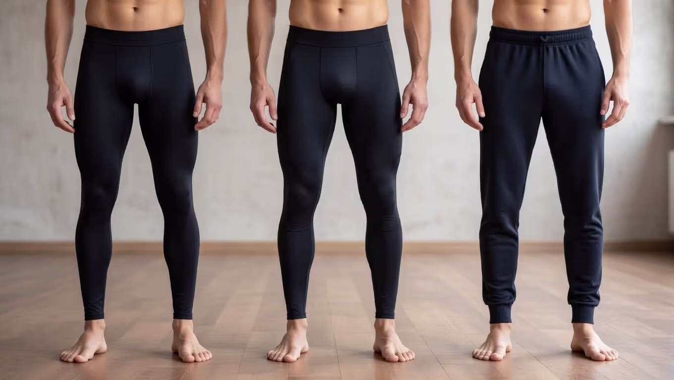 Comparison of men’s compression leggings, reinforced workout tights, and tapered jogger-style yoga pants.