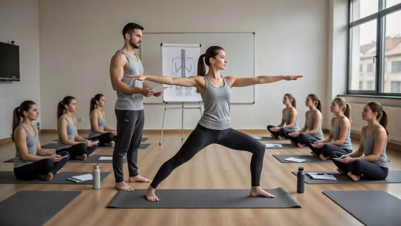 Yoga teacher trainee leading a pose demonstration while peers observe during practicum.