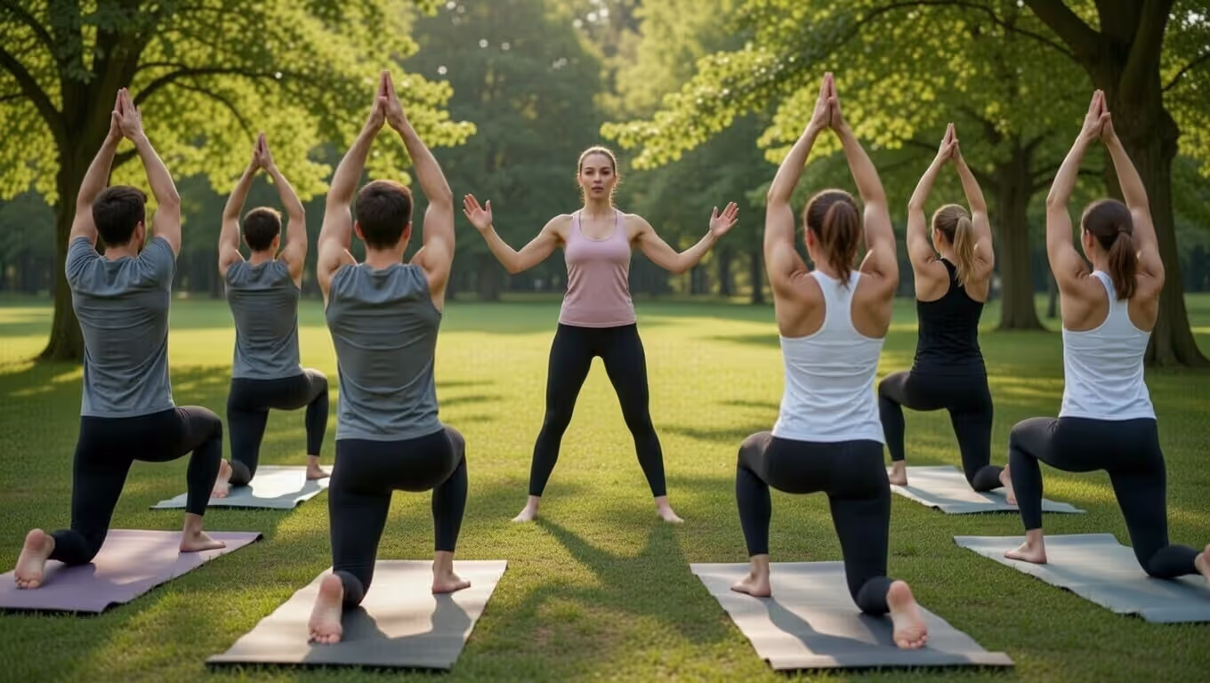 New yoga instructor leading a small outdoor class after completing certification.