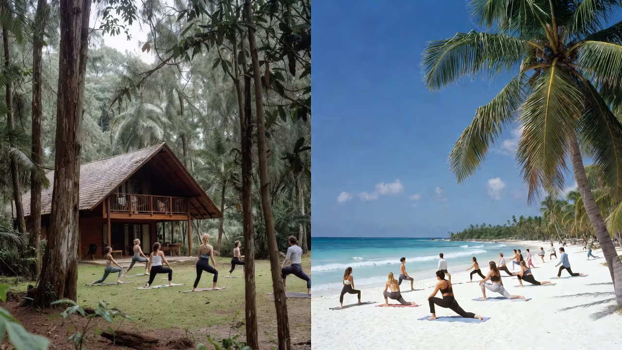 Comparison between a local weekend retreat and a beach destination yoga retreat.
