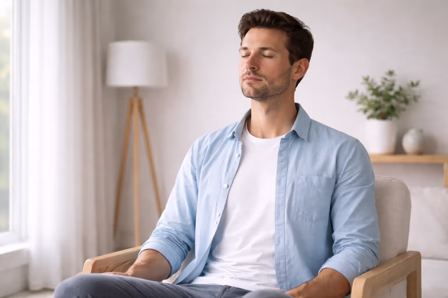 Adult practicing slow breathing with eyes closed in bright room