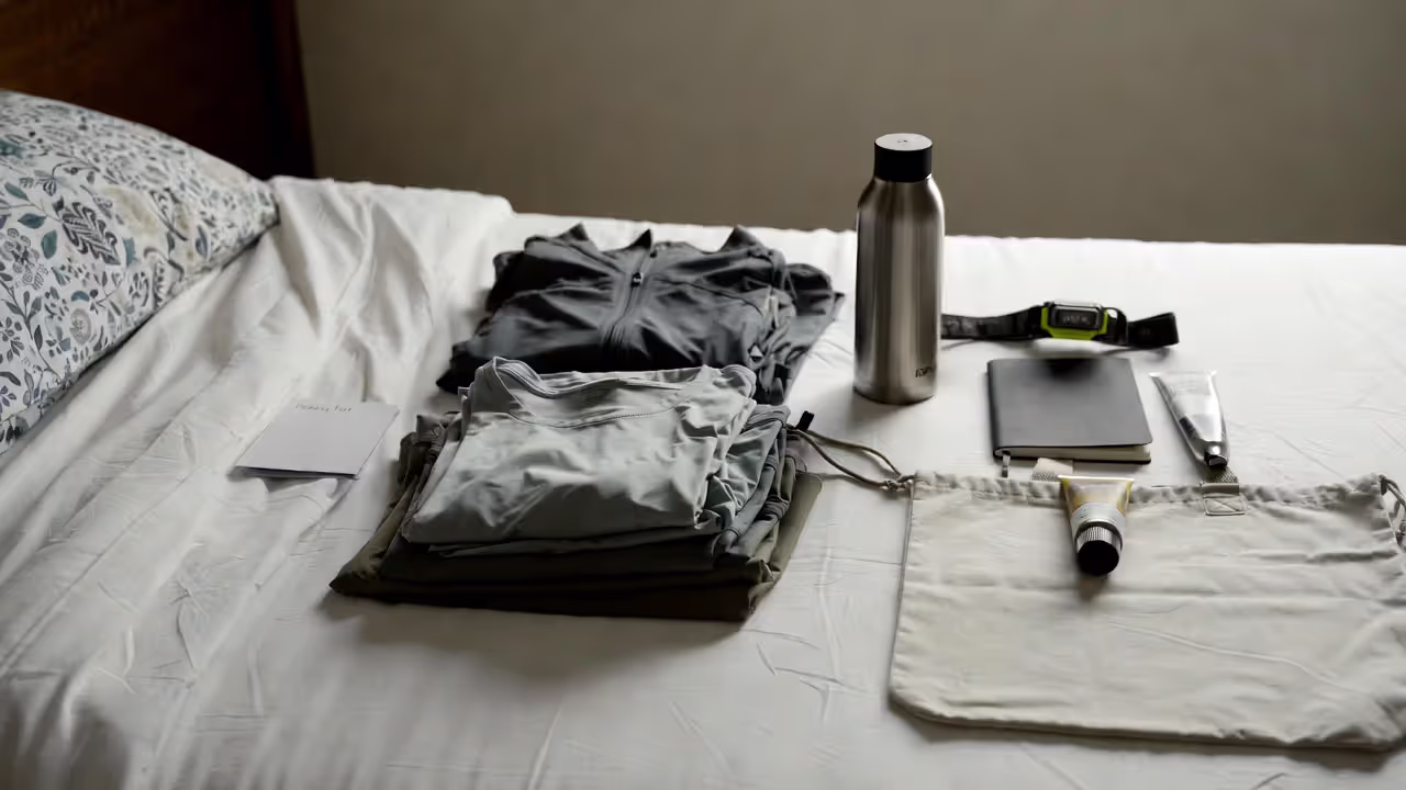 Packing items for a yoga retreat including layers, journal, headlamp, sunscreen, and water bottle.