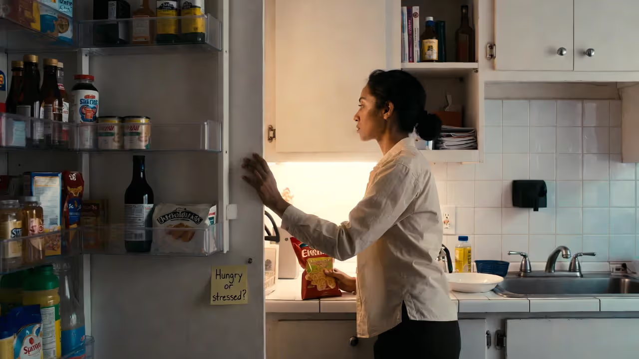 Person pausing before snacking while checking whether hunger is physical or emotional.