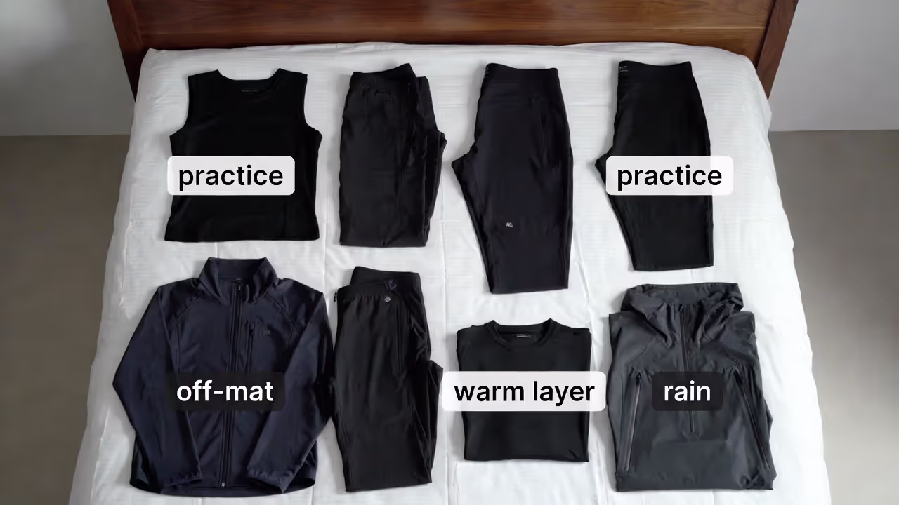 Minimal capsule wardrobe laid out for a yoga retreat: practice sets, casual outfits, and one warm layer.