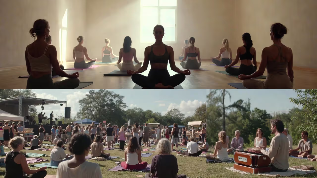 Practice-centered, lifestyle, and spiritual yoga festival formats shown side by side.