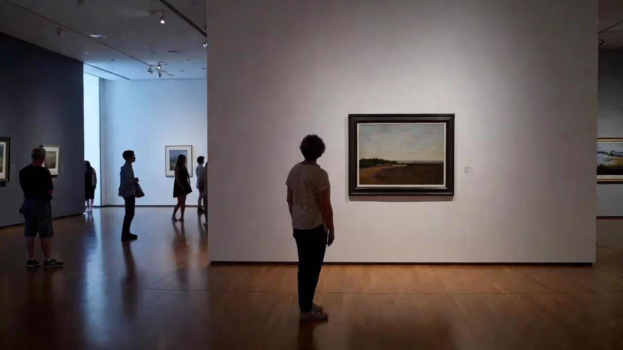 Traveler spending unhurried time viewing one artwork in museum.